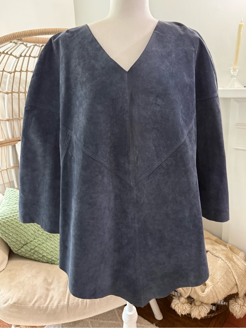 Vintage Dialogue Navy Suede Leather Cape Poncho Top 1X